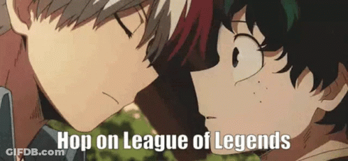 A Couple Of Anime Characters Are Kissing Each Other With The Words `` Hop On League Of Legends '' Written On The Bottom GIF