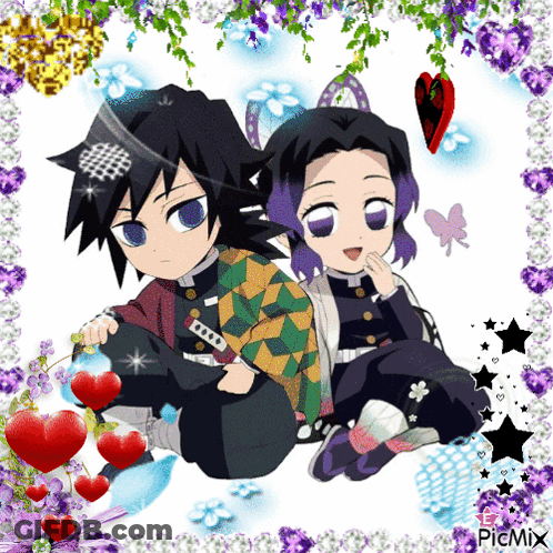 A Couple Of Anime Characters Are Sitting Next To Each Other In A Frame With Hearts And Flowers GIF