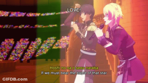 A Couple Of Anime Characters Are Standing Next To Each Other And One Of Them Says " Love " GIF