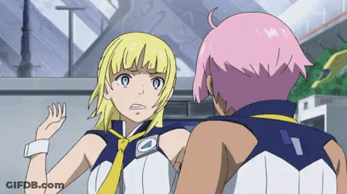 A Couple Of Anime Characters Are Standing Next To Each Other And Talking To Each Other . GIF