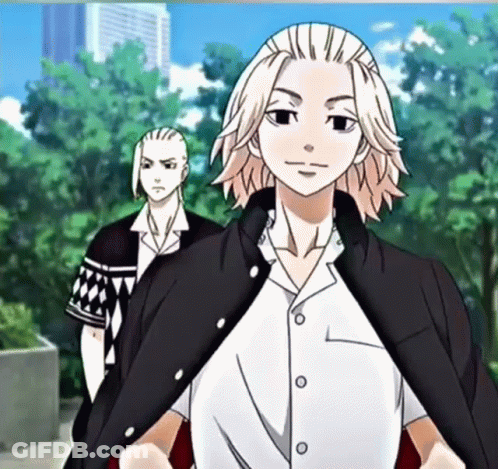 A Couple Of Anime Characters Are Standing Next To Each Other . GIF