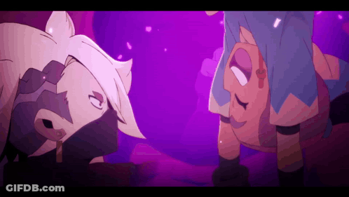 A Couple Of Anime Characters Are Standing Next To Each Other In A Purple Background GIF