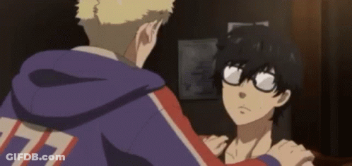 A Couple Of Anime Characters Are Standing Next To Each Other In A Room . One Of The Characters Is Wearing Glasses . GIF