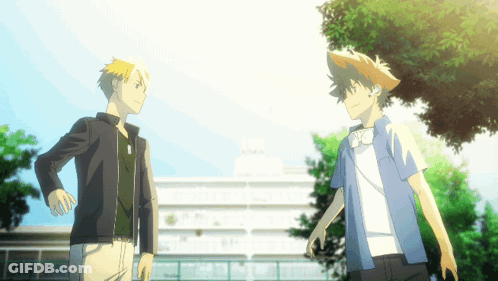 A Couple Of Anime Characters Are Standing Next To Each Other GIF