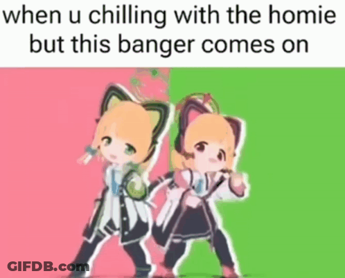 A Couple Of Anime Characters Are Standing Next To Each Other On A Green And Pink Background . GIF