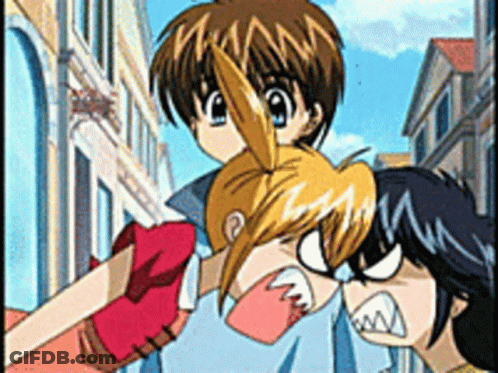 A Couple Of Anime Characters Are Standing Next To Each Other On A Street GIF