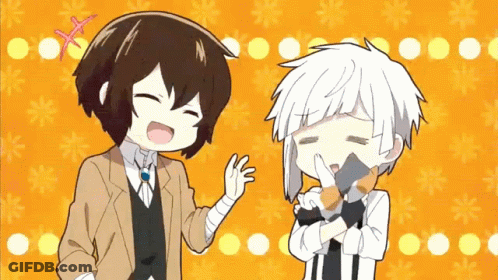 A Couple Of Anime Characters Are Standing Next To Each Other On An Orange Background GIF