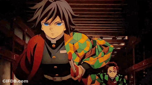A Couple Of Anime Characters Are Standing Next To Each Other . GIF