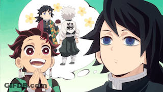 A Couple Of Anime Characters Are Standing Next To Each Other With A Speech Bubble In The Middle . GIF