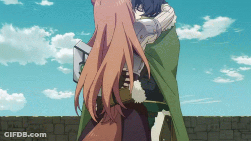 A Couple Of Anime Characters Hugging Each Other With A Blue Sky Behind Them GIF