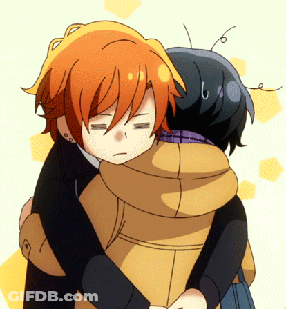 A Couple Of Anime Characters Hugging Each Other With One Of Them Looking Tired GIF