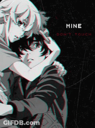 A Couple Of Anime Characters Hugging Each Other With The Words Mine Don 'T Touch GIF