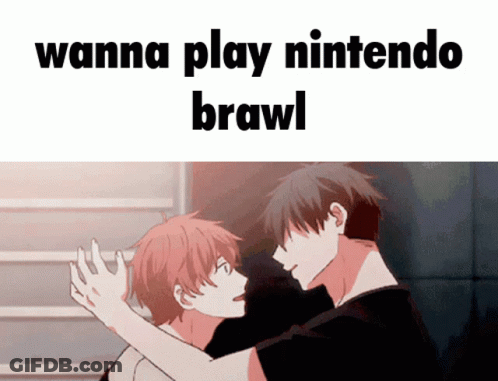 A Couple Of Anime Characters Hugging Each Other With The Words Wanna Play Nintendo Brawl Below Them GIF