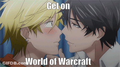 A Couple Of Anime Characters Kissing With The Words Get On World Of Warcraft Below Them GIF
