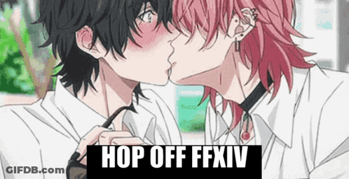 A Couple Of Anime Characters Kissing With The Words Hop Off Ffxiv Above Them GIF