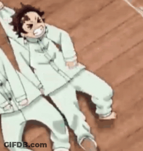 A Couple Of Anime Characters Laying On A Wooden Floor With Their Arms In The Air . GIF
