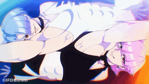 A Couple Of Anime Characters Laying On Top Of Each Other With Their Arms Outstretched GIF