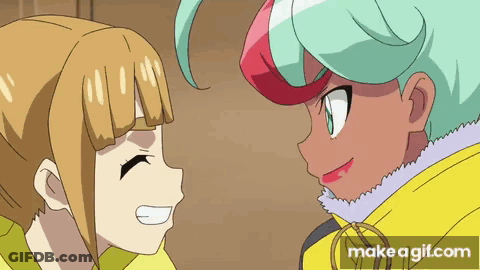 A Couple Of Anime Characters Looking At Each Other With Make A Gif.com At The Bottom GIF