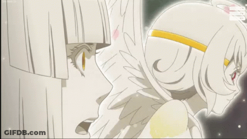 A Couple Of Anime Characters Looking At Each Other With The Letters Nb On The Bottom Left GIF