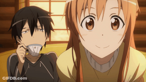 A Couple Of Anime Characters One Of Which Is Drinking From A Cup GIF