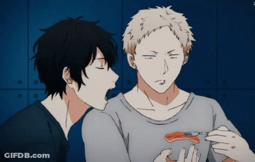 A Couple Of Anime Characters One Of Which Is Eating A Piece Of Meat GIF