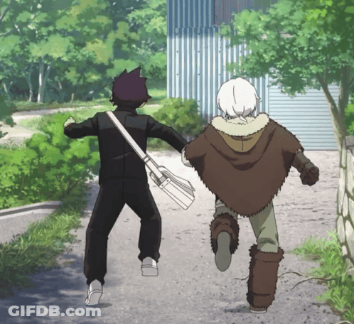 A Couple Of Anime Characters Running Down A Path GIF