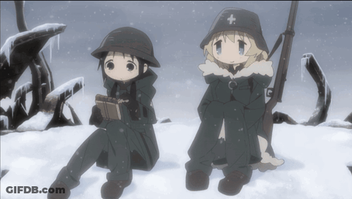 A Couple Of Anime Characters Sitting In The Snow GIF