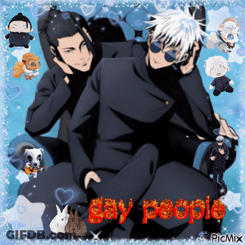 A Couple Of Anime Characters Sitting Next To Each Other With The Words Gay People On The Bottom GIF
