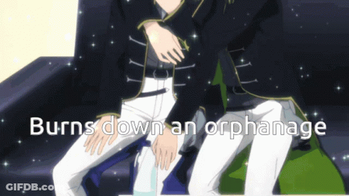 A Couple Of Anime Characters Sitting On A Couch With The Words Burns Down An Orphanage Below Them GIF