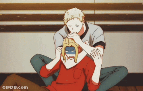 A Couple Of Anime Characters Sitting On The Floor With One Covering His Eyes GIF