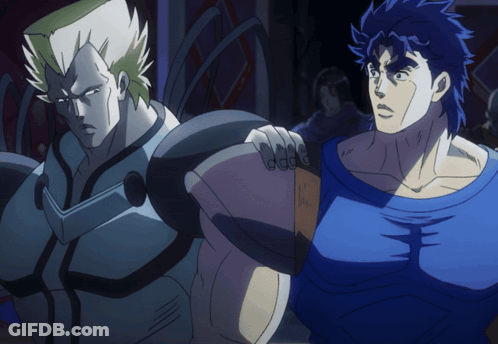 A Couple Of Anime Characters Standing Next To Each Other And One Has A Blue Shirt On GIF