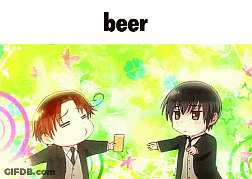 A Couple Of Anime Characters Standing Next To Each Other Holding Glasses Of Beer . GIF