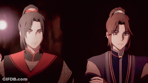 A Couple Of Anime Characters Standing Next To Each Other In A Dark Room GIF