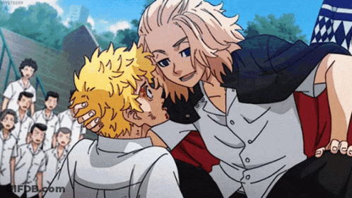 A Couple Of Anime Characters Standing Next To Each Other In Front Of A Crowd Of People . GIF