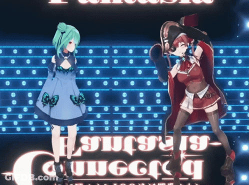 A Couple Of Anime Characters Standing Next To Each Other In Front Of A Sign That Says Blossom GIF