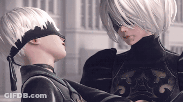 A Couple Of Anime Characters Standing Next To Each Other Looking At Each Other GIF