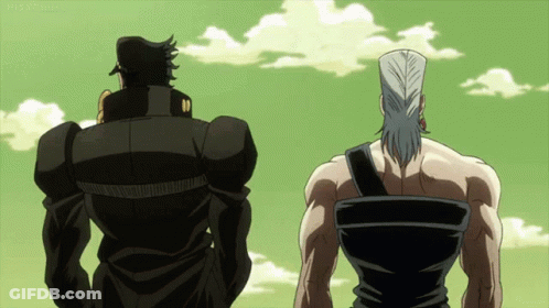 A Couple Of Anime Characters Standing Next To Each Other Looking At The Sky GIF