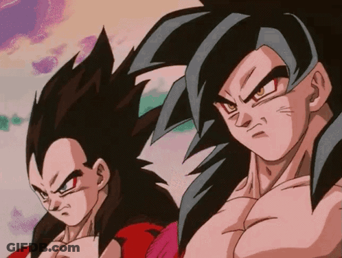 A Couple Of Anime Characters Standing Next To Each Other With A Purple Sky In The Background GIF