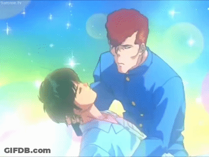 A Couple Of Anime Characters Standing Next To Each Other With A Rainbow In The Background . GIF