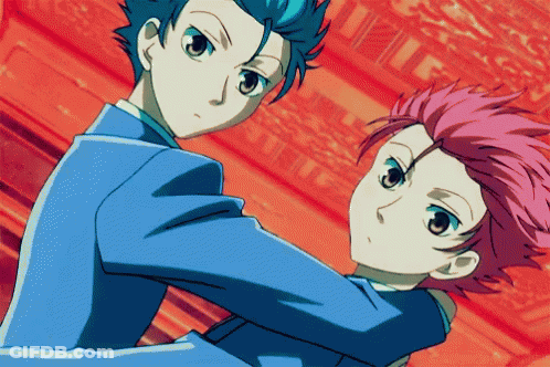 A Couple Of Anime Characters Standing Next To Each Other With A Red Background GIF