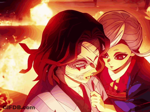 A Couple Of Anime Characters Standing Next To Each Other With Fire In The Background GIF