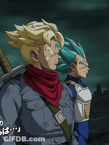 A Couple Of Anime Characters Standing Next To Each Other With Japanese Writing GIF