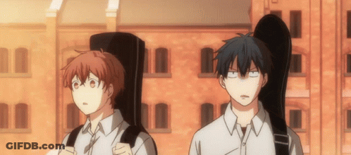 A Couple Of Anime Characters Standing Next To Each Other With One Carrying A Guitar Case GIF
