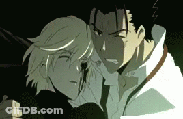 A Couple Of Anime Characters Standing Next To Each Other With One Of Them Having A Bloody Eye GIF