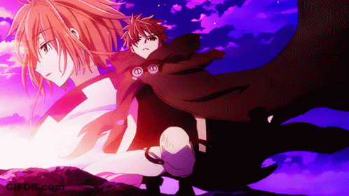 A Couple Of Anime Characters Standing Next To Each Other With Purple Sky In The Background GIF