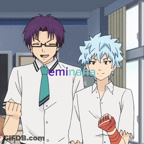 A Couple Of Anime Characters Standing Next To Each Other With The Name Eminata On The Bottom Right GIF