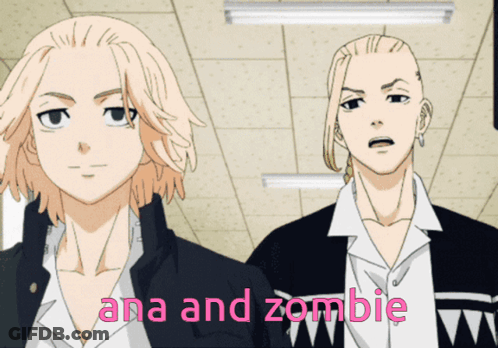 A Couple Of Anime Characters Standing Next To Each Other With The Words Ana And Zombie In Pink GIF