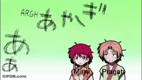 A Couple Of Anime Characters Standing Next To Each Other With The Words Argh Mimi Pragati Written On The Bottom GIF