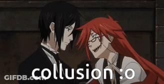 A Couple Of Anime Characters Standing Next To Each Other With The Words Collusion O Written On The Bottom GIF