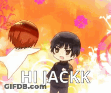 A Couple Of Anime Characters Standing Next To Each Other With The Words `` Hi Jackk '' Written On It . GIF